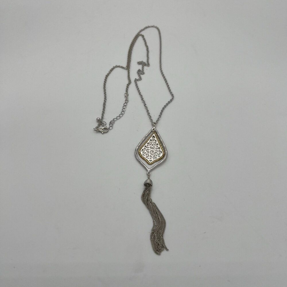 Silver Gold Dual Tone Pavé & Chain Teardrop Tassel Pendant Necklace 34” Jewelry